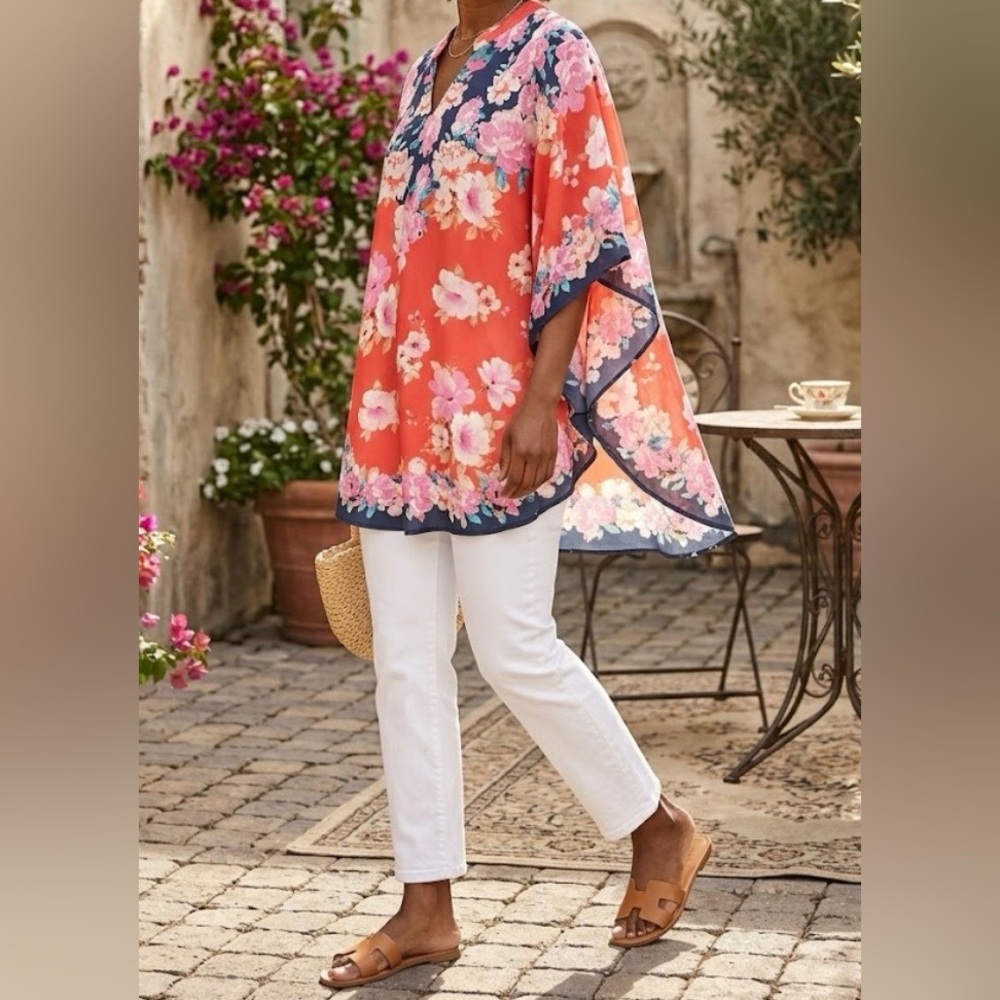 Tolani boho floral kaftan tunic v-neck wide arm modal large beach resort wear